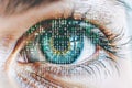 Close up of a green eye with digital elements, symbolizing the fusion of technology and organic forms in a high tech setting