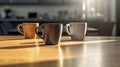 AI generated, close up of a group of used coffee cups on a table with an office in the background. Concept of taking a break Royalty Free Stock Photo