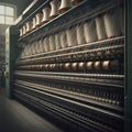 AI-Generated Close-Up of Industrial Textile Machine with Thread Spools Royalty Free Stock Photo