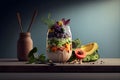 A close-up image of a vegetable decoration in a bottle glass on a table with lighting background.