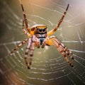 AI generated close up image of a white spotted spider in its web