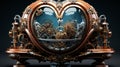 AI Generated. Close-up of an incredible steampunk device made of glass and metal, in the shape of a heart.