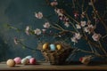Close up of nest with painted easter eggs with branch of willow on Festive wooden background