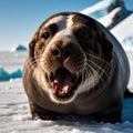 AI generated close-up portrait of a walrus in an icy landscape