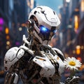 Close-up of a shiny metal robot peeling a white daisy against the backdrop of a bright and colorful futuristic city, at night