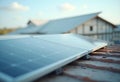 AI generated close-up of solar panels on rural school roof Royalty Free Stock Photo