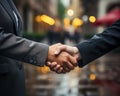 AI generated a close-up of two executives shaking hands to seal a deal in the middle of a street. Royalty Free Stock Photo