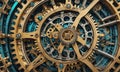 A close up of a gold and blue clock with a lot of gears. Royalty Free Stock Photo