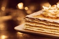 AI-generated closeup of a pancake cake on a white plate