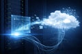 AI generated cloud computing concept with data center servers streaming analytics and information to a secure cloud network Royalty Free Stock Photo