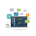 Coding on Laptop with Coffee and Code Symbols AI Generated Royalty Free Stock Photo