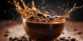 Coffee beans and splashes of coffee in motion. Royalty Free Stock Photo