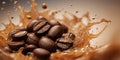 Coffee beans and splashes of coffee in motion. Royalty Free Stock Photo