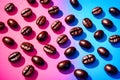Roasted Coffee Beans Pattern On Vibrant Pink And Blue Modern Background Royalty Free Stock Photo