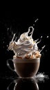 AI generated Coffee with whipped cream on a black background, splashes and drops