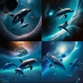 AI-generated collage illustration of dolphins with the background of space