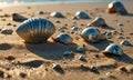 A collection of shells are on the beach, including a few that are broken.