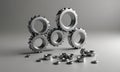 A collection of gears and nuts are arranged in a row on a grey surface.