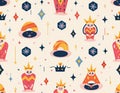 a collection of seamless vector pattern including three kings, stars, and crowns on it Royalty Free Stock Photo