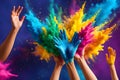 A colorful assortment of various colored hands on black background