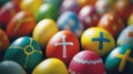 Colorful Easter eggs with painted designs, including crosses and abstract patterns Royalty Free Stock Photo