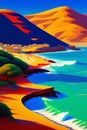 AI generated colorful illustration of coastal hills and a blue sea on the coastline