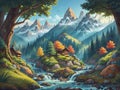AI generated colorful landscape consisting of a house surrounded by snow clad mountains and located deep in a forest