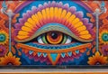 a colorful mural of an eye on a wall