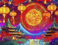 AI generated colorful painting with chinese lanterns on it