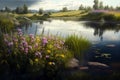 AI generated colorful scenic spring time landscape with flower plants, lake and mountains