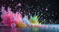 Colorful spheres exploding and creating abstract design on dark background.