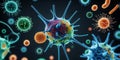 Colorful visualization of various bacteria and viruses under microscopic view in a dark background.
