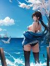 AI generated animated image of a bikini clad woman with the sea and the waves in the backdrop