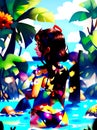 AI generated colourful artwork of a bikini clad woman thigh deep in waters