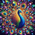 AI generated colourful image of a peacock with vividly vibrant feathers