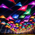 AI generated colourful kites spread across the night skies