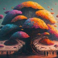 AI generated colourful painting of trees and clouds in the skies