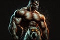 ai generated comic image of a muscle man with his dog, dark generative ai fitness wallpaper