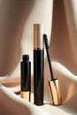Refined Black And Gold Mascara Trio Displayed Against Soft Flowing Fabric Backdrop Royalty Free Stock Photo