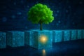 AI generated concept of green tree on glowing digital blocks symbolizing clean energy sustainable technology data networks and Royalty Free Stock Photo