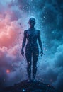 Abstract Digital Human Silhouette Emerging From Data Particles And Atmospheric Clouds Royalty Free Stock Photo
