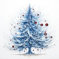 Conceptual Fine Line Art Drawing Blue White Christmas Tree