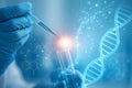 AI generated conceptual image of a gloved hand using pipette with test tube surrounded by glowing dna strands molecules and Royalty Free Stock Photo