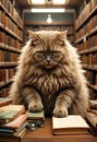 Fluffy Library Cat Surrounded By Books With Scholarly And Whimsical Character Royalty Free Stock Photo