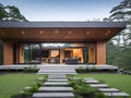 Ai generated a contemporary home with a spacious covered patio and stone steps