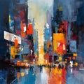 AI generated contemporary oil painting-style illustration of an abstract city street scene