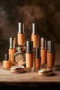Premium Foundation Bottle Collection Arranged In Warm Toned Setting Creating Luxury Beauty Presentation Royalty Free Stock Photo