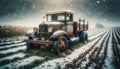 Farm Truck Vintage Retro Rusted Winter Landscape Scenic Country Agriculture AI Generated Far