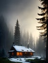 Ai generated a cozy cabin surrounded by a winter wonderland of snow-covered trees Royalty Free Stock Photo