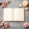 Open Blank Journal With Cherry Blossoms And Candles For Peaceful Writing Concepts Royalty Free Stock Photo